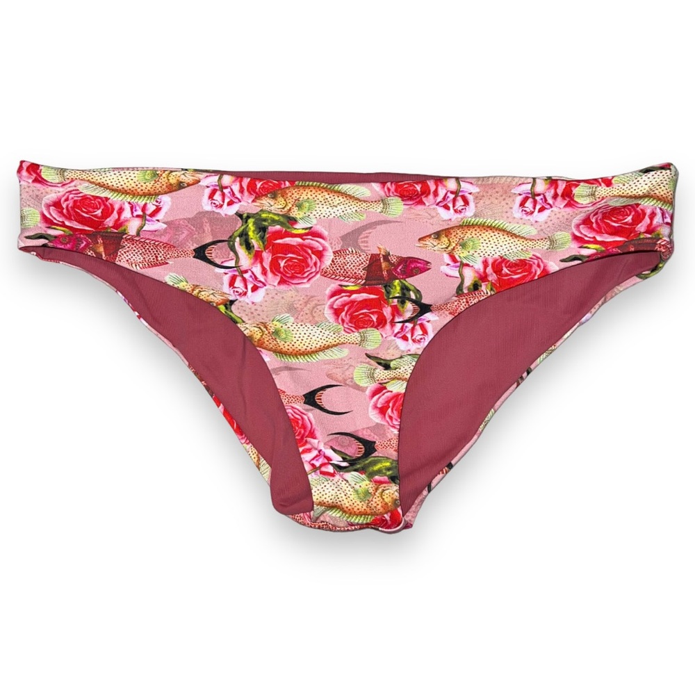 NEW Malai Swimwear Pink & Red Rose Floral Fish Brazilian Bikini Bottoms Size M